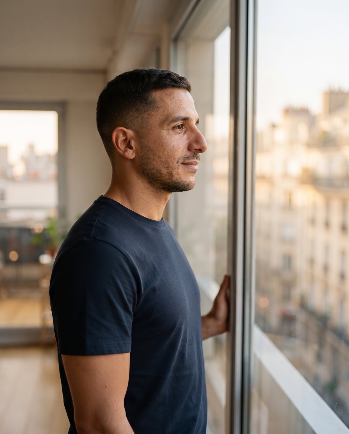 Homme le matin à la fenêtre d'un appartement parisien